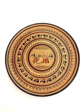 Greek Hand-Painted Decorative Plate with Bird Motif in Black and Terracotta